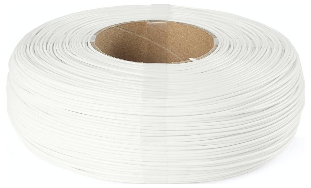 Een grote spoel met wit filament netjes opgerold rond een kartonnen kern, veelal gebruikt voor 3D-printen.