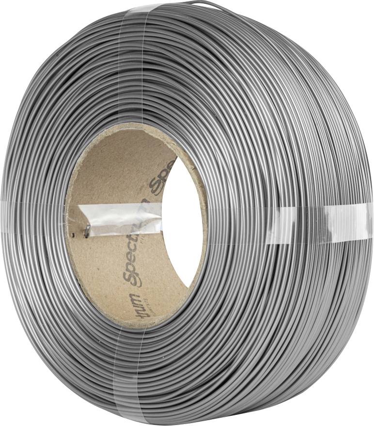 Een rol grijs filamentdraad, netjes opgerold voor gebruik in 3D-printen, met een zichtbare kartonnen spoel in het midden.