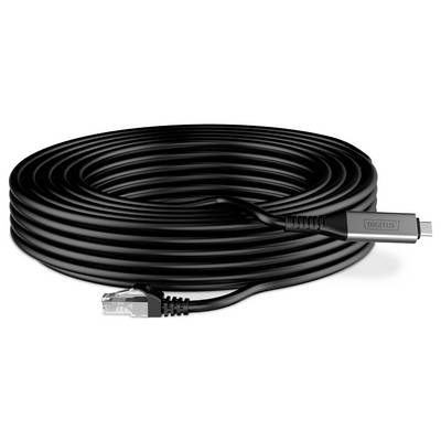 Een gekronkelde zwarte Ethernet-kabel met een RJ45-connector aan de ene kant en een USB-C-connector aan de andere kant, geschikt voor netwerkverbindingen.