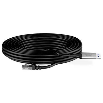 Een lange, gekronkelde zwarte USB-kabel met aan het ene uiteinde een zilveren USB-connector en aan het andere uiteinde een Ethernet-stekker, geschikt voor netwerkverbindingen.