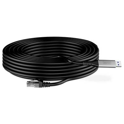 Een lange, gekrulde zwarte kabel met een USB 3.0-connector aan de ene kant en een Ethernet-connector aan de andere kant.