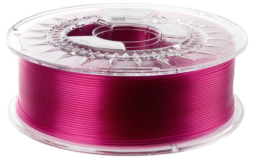 Een spoel glanzend magenta 3D-printerfilament, netjes opgerold, verpakt in een transparante plastic behuizing.