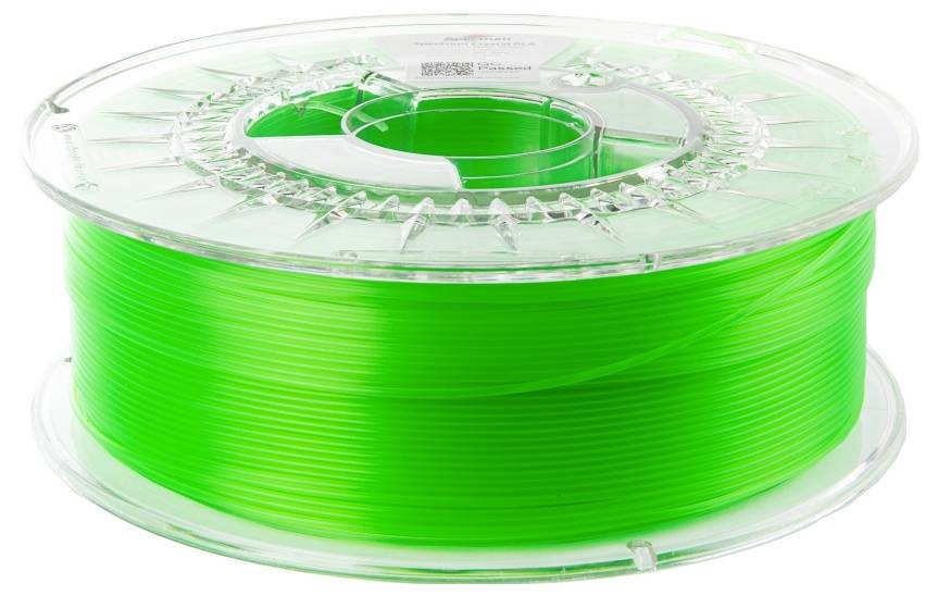 Een transparante spoel met helder groene 3D-printfilament op een witte achtergrond.