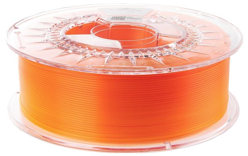 Een spoel doorschijnend oranje 3D-printfilament met een zichtbaar wikkelpatroon in een doorzichtige kunststof behuizing.