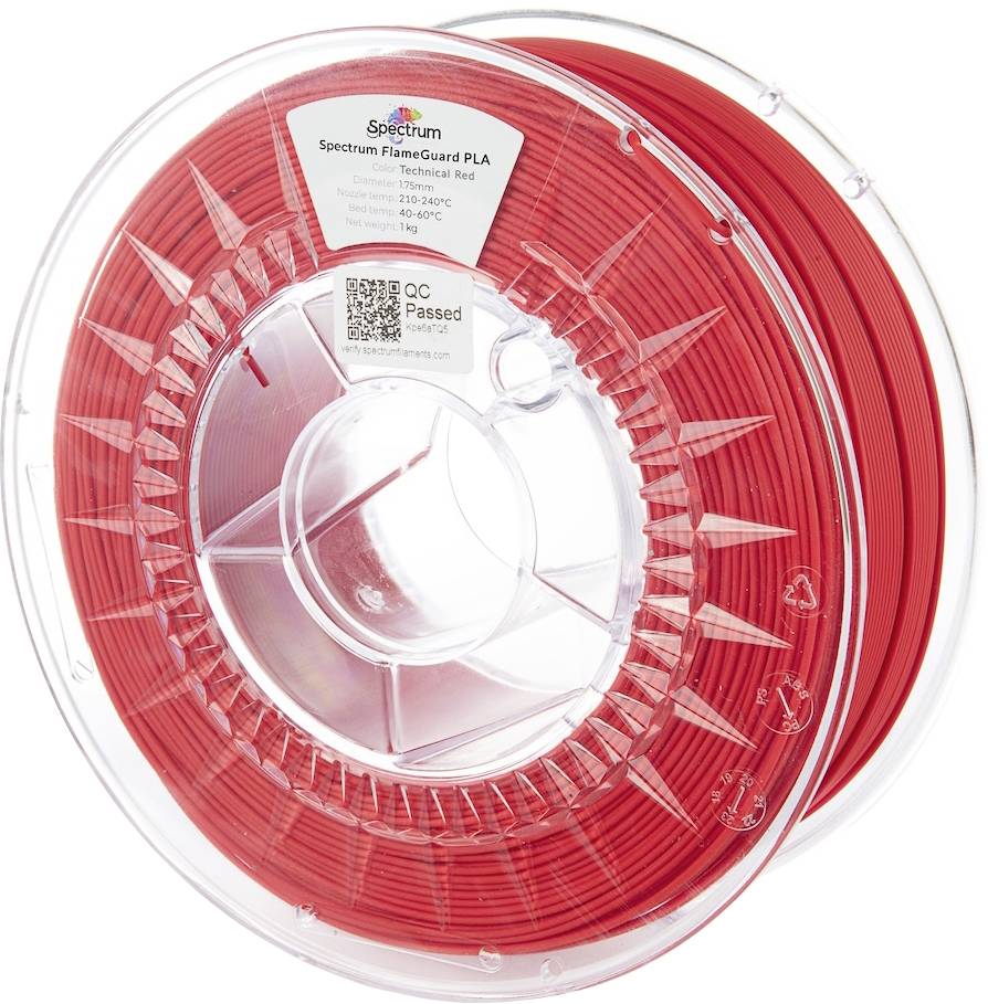 Een rol rood 3D-printfilament gelabeld als 'Spectrum FlameGuard PLA', wat aangeeft dat het vlamvertragend is.