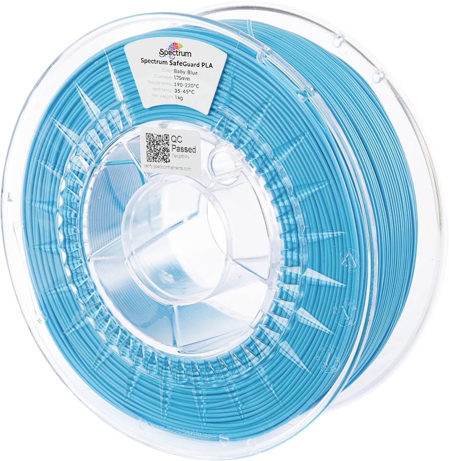 Een spoel Spectrum blauw PLA 3D-printerfilament, voorzien van temperatuurinstellingen: 185-230°C en 35-45°C. Kwaliteitscontrole geslaagd.