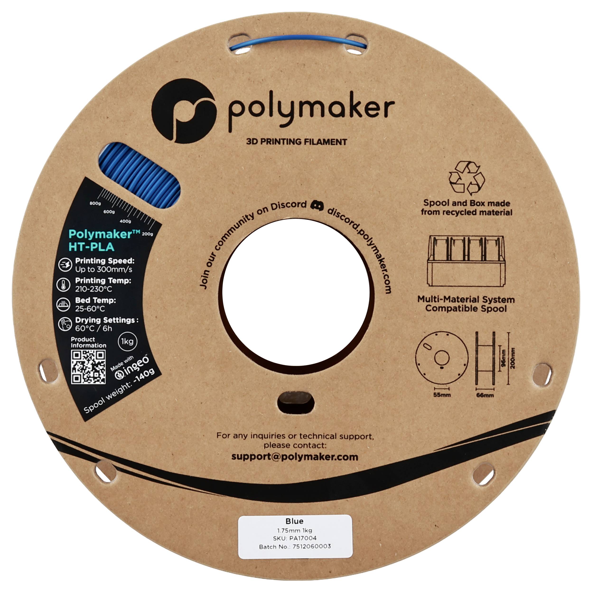 Spoel van Polymaker 3D-printfilament, HT-PLA, 1,75 mm diameter, 750g. Kenmerken omvatten instellingen voor 210-230°C en compatibiliteit met meerdere materialen.
