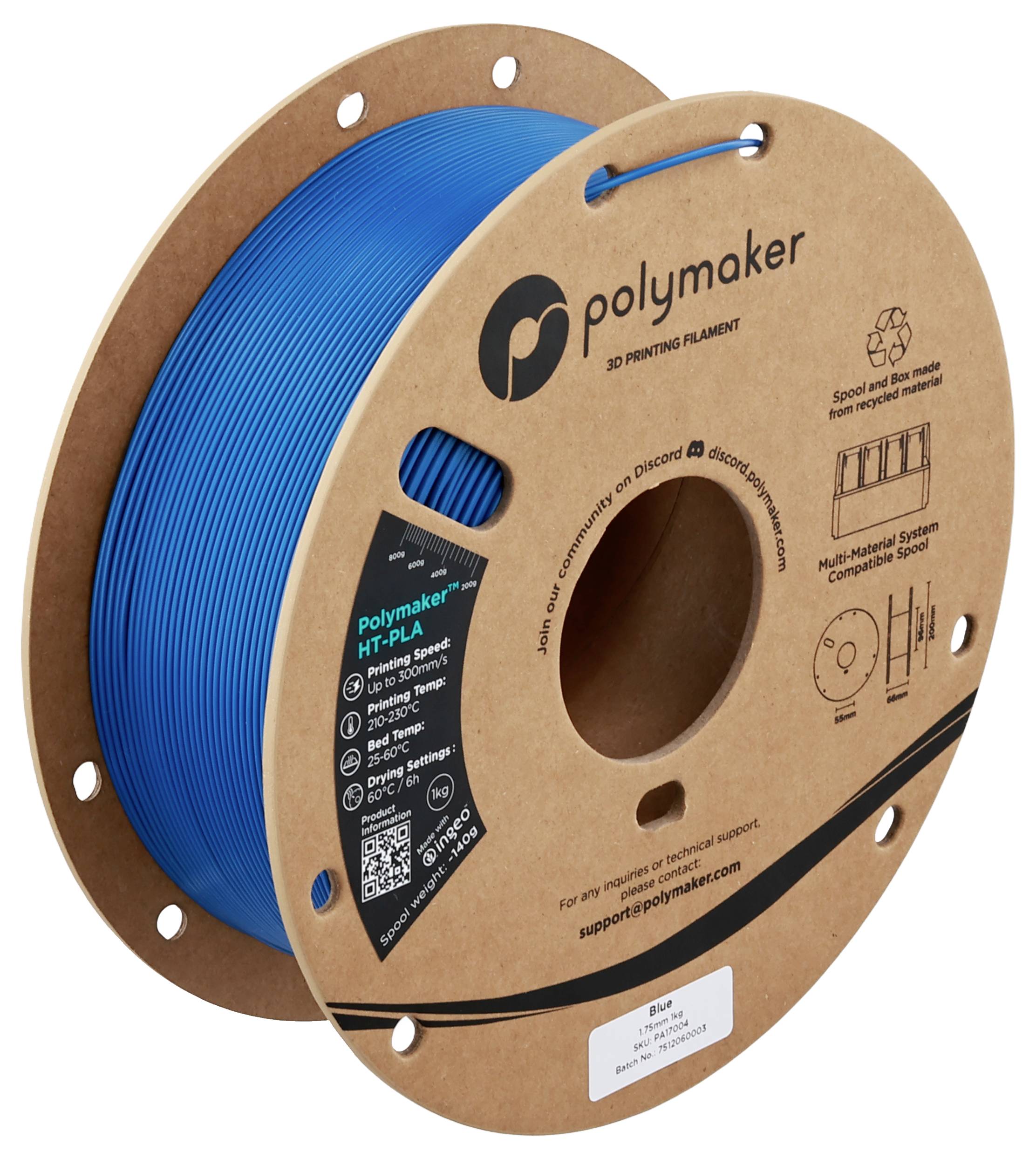 Een spoel blauwe Polymaker HT-PLA 3D-printer-filament, verpakt op een kartonnen spoel met merk en specificaties erop gedrukt.