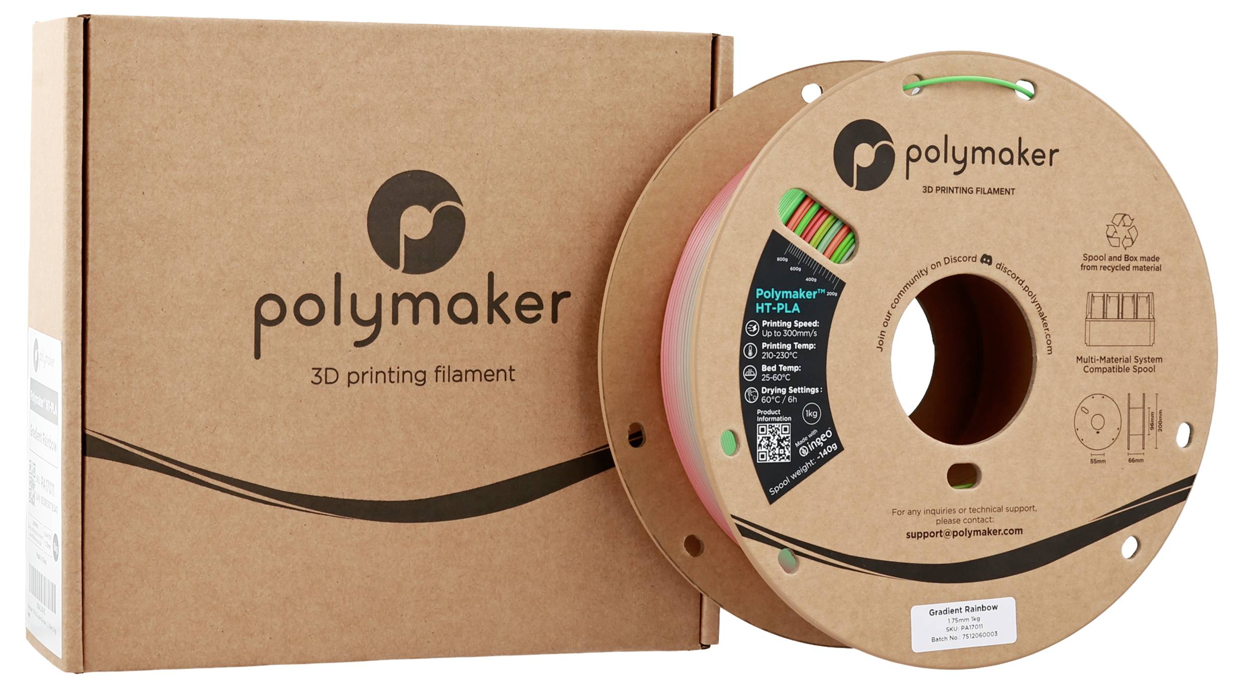 'Polymaker 3D-printfilament' verpakking en spoel, met productmerk, materiaalsotype en contactgegevens.