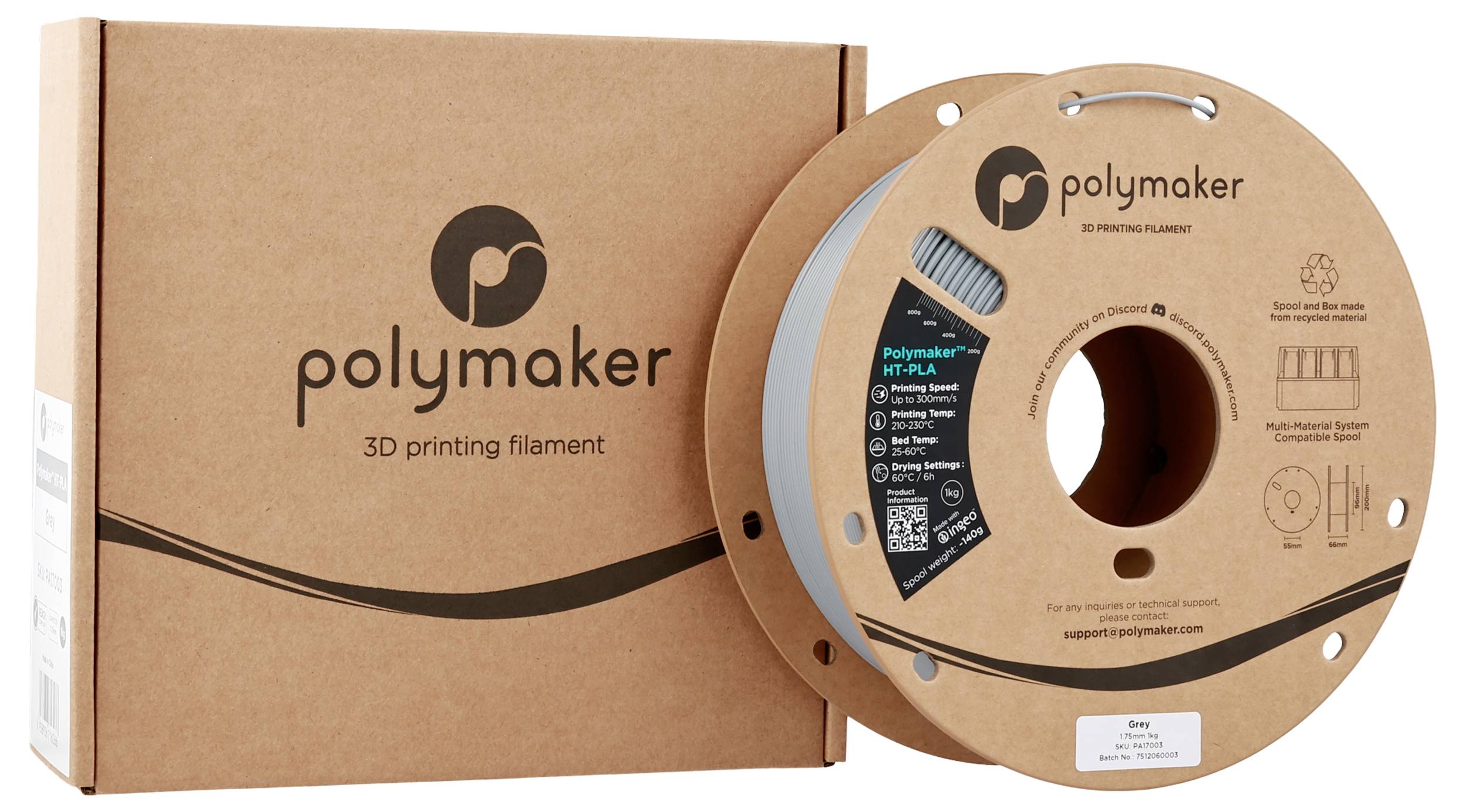 'Polymaker 3D-printfilament in milieuvriendelijke kartonnen doos en spoel, met een recycleerbaar etiket aan de zijkant.'