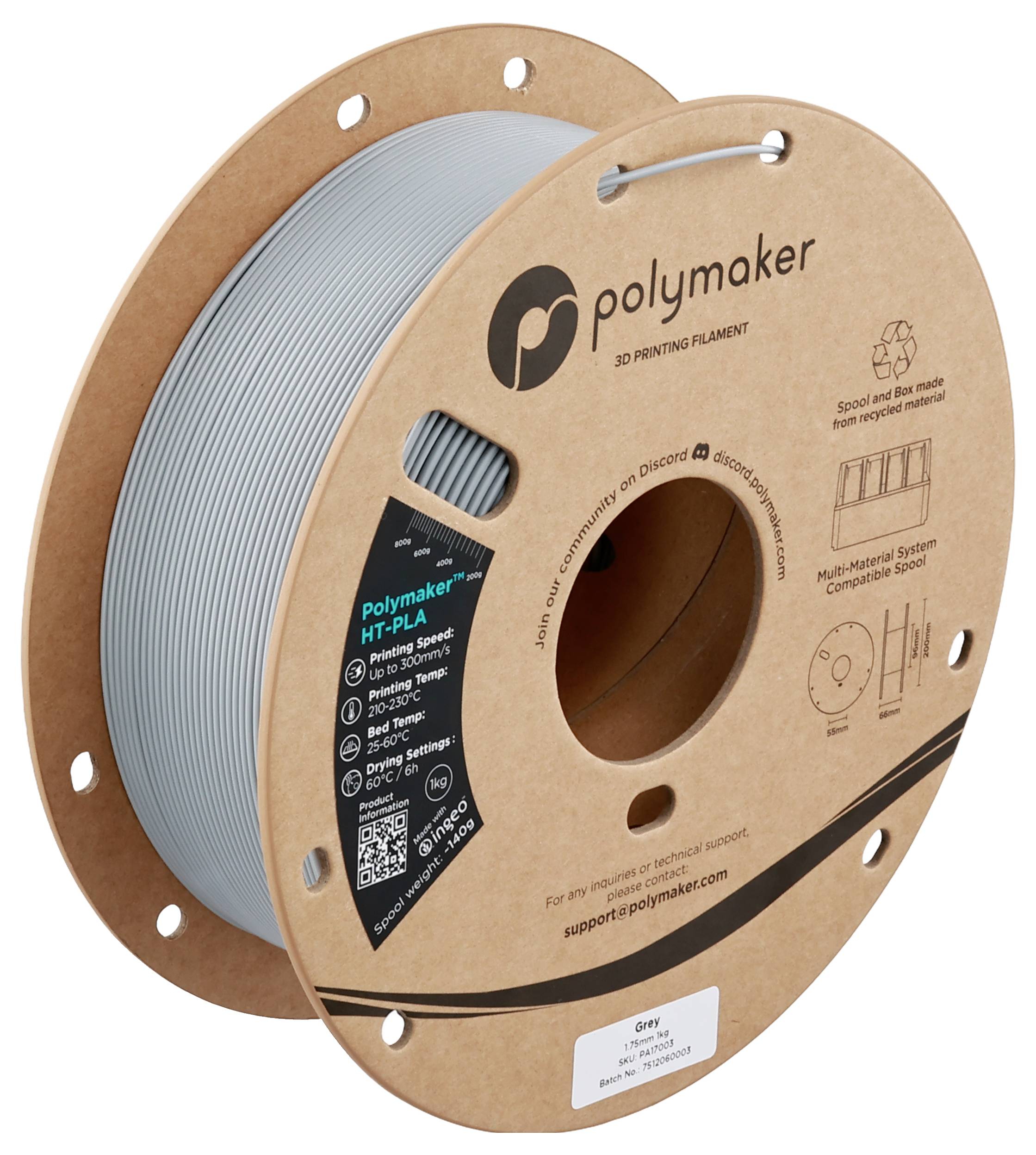 Spoel met Polymaker 3D-printfilament in grijs, gelabeld als HTPLA.