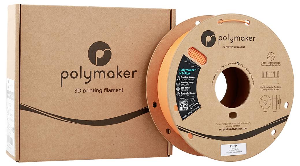 'Polymaker 3D-printfilament' weergegeven op een oranje spoel en verpakkingsdoos.