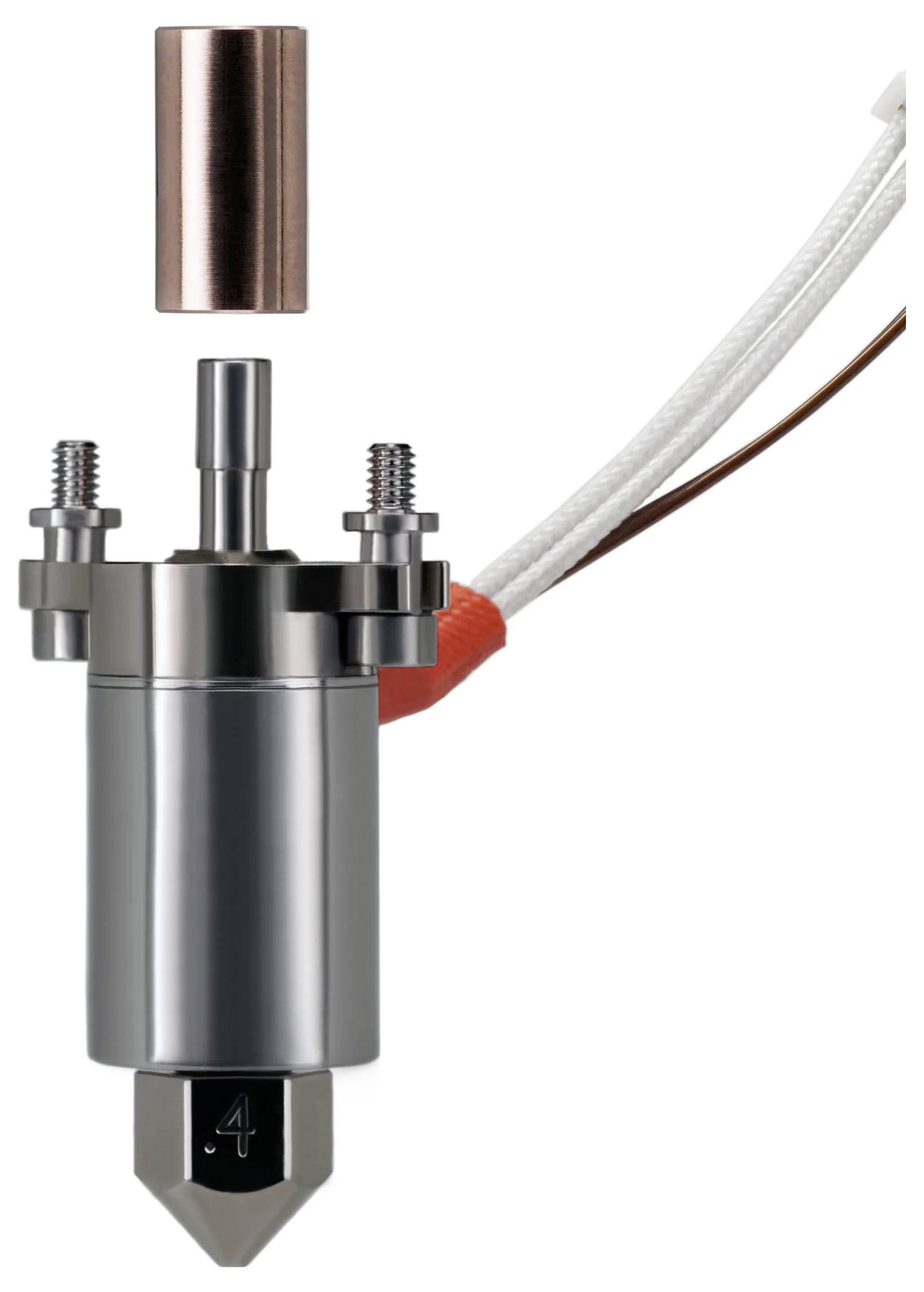 Een metalen 3D-printernozzle met zijn koperen component wordt getoond, met draden aangesloten, ontworpen voor precisie in additieve fabricage.