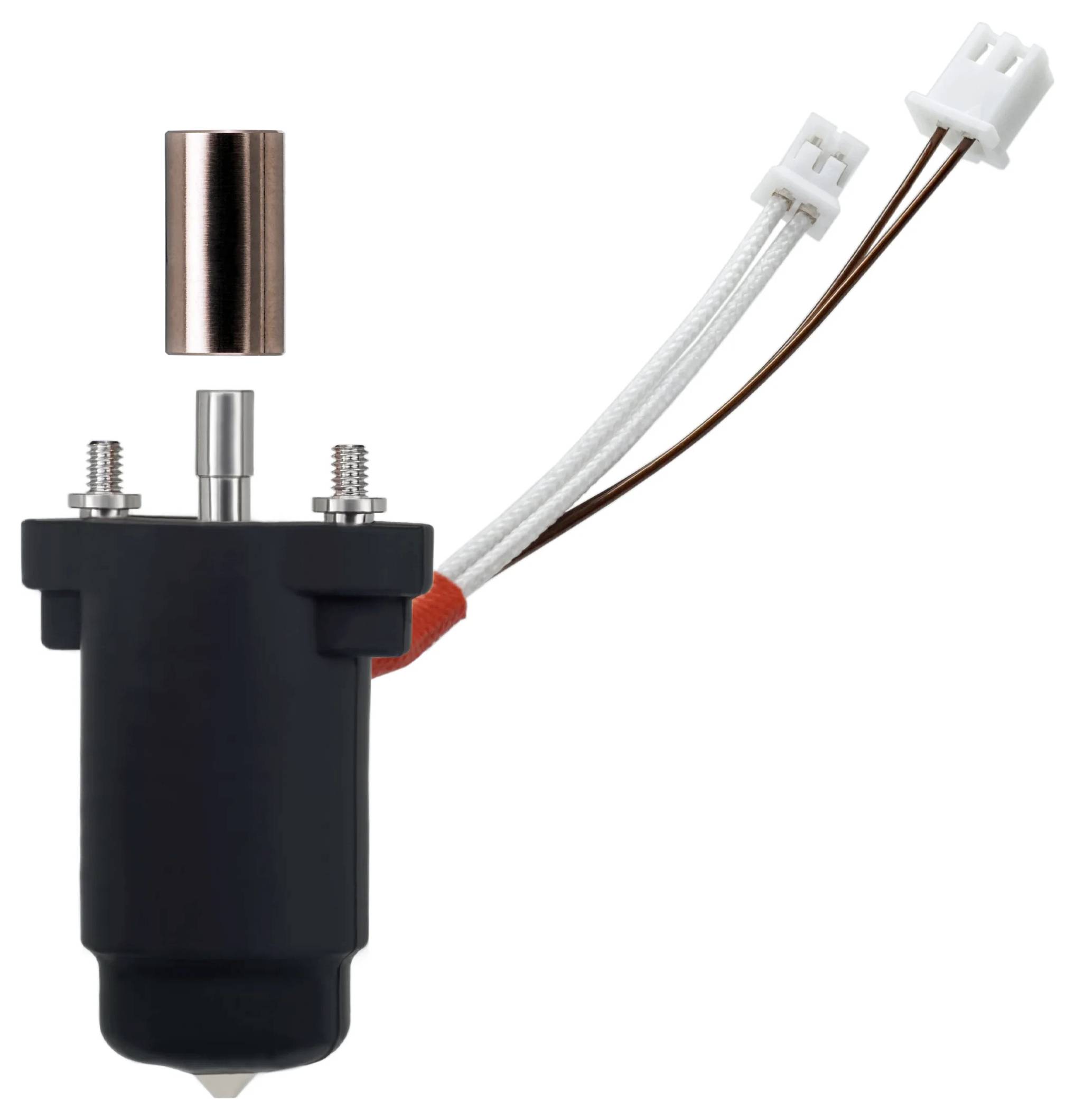 Een zwarte cilindrische elektrische component met blootgesteld koperen deel en aangesloten draden, mogelijk een motor of solenoïde.