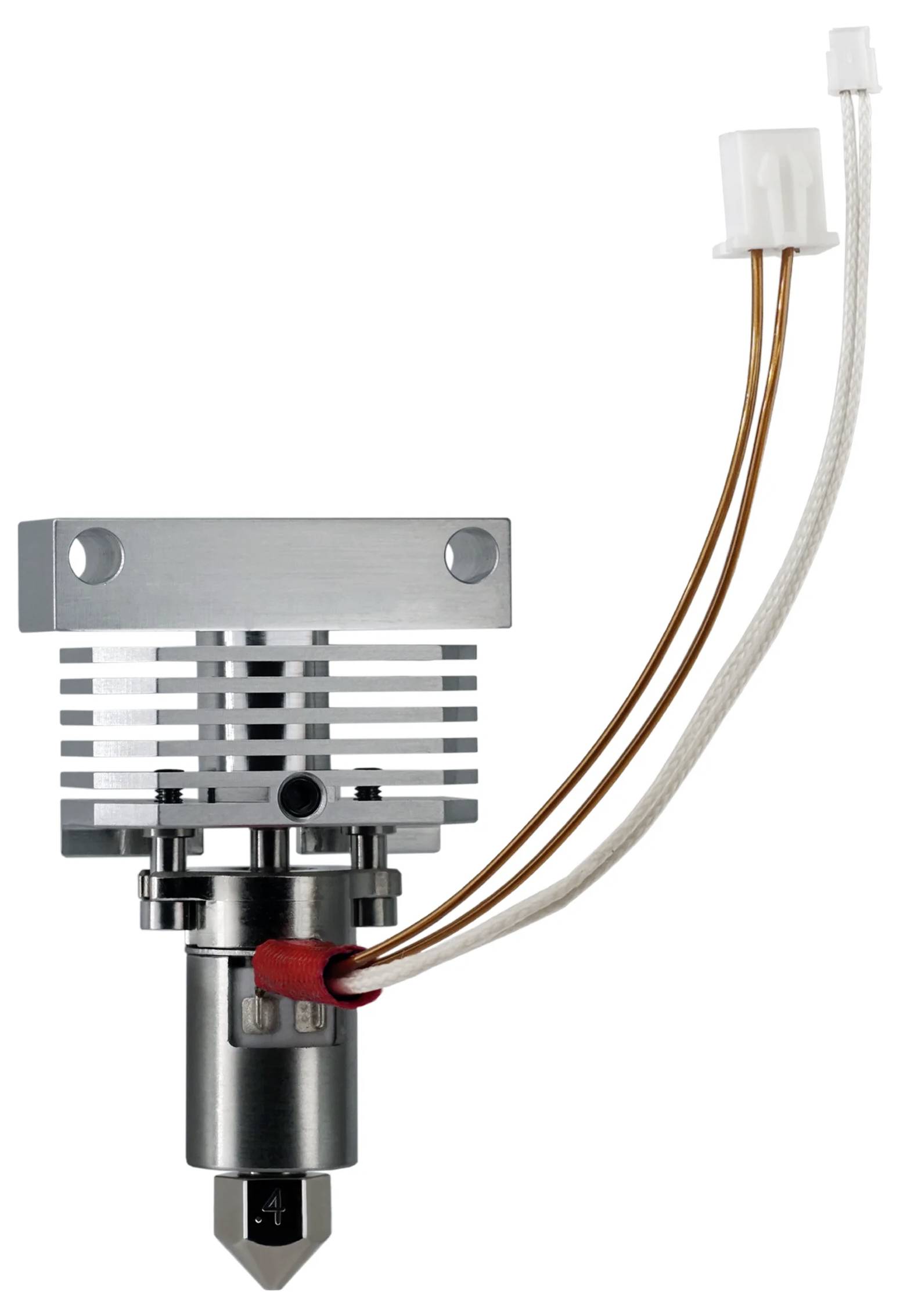 Een metalen 3D-printernozzle-assemblage met koelvinnen en twee draden aangesloten, gebruikt in additieve fabricage voor nauwkeurige materiaalextrusie.
