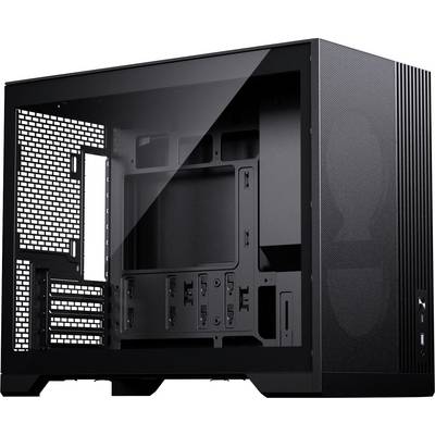 Een zwarte computerbehuizing met een transparant zijpaneel, met meerdere schijfruimtes en uitbreidingssleuven, geschikt voor een custom PC-build.