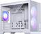 Een witte computerbehuizing met twee RGB-ventilators aan de voorkant en een ventilator aan de achterkant. Het interieur is leeg, waarbij de montageplekken voor componenten zichtbaar zijn.