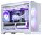 Een moderne desktopcomputer met een transparante zijkant van de behuizing waarbij kleurrijk LED-verlichte componenten van binnen zichtbaar zijn, inclusief koelventilatoren en grafische kaart.
