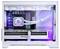 Een witte computerbehuizing met zichtbare binnencomponenten, inclusief een videokaart en koelsysteem, verlicht door RGB-verlichting.