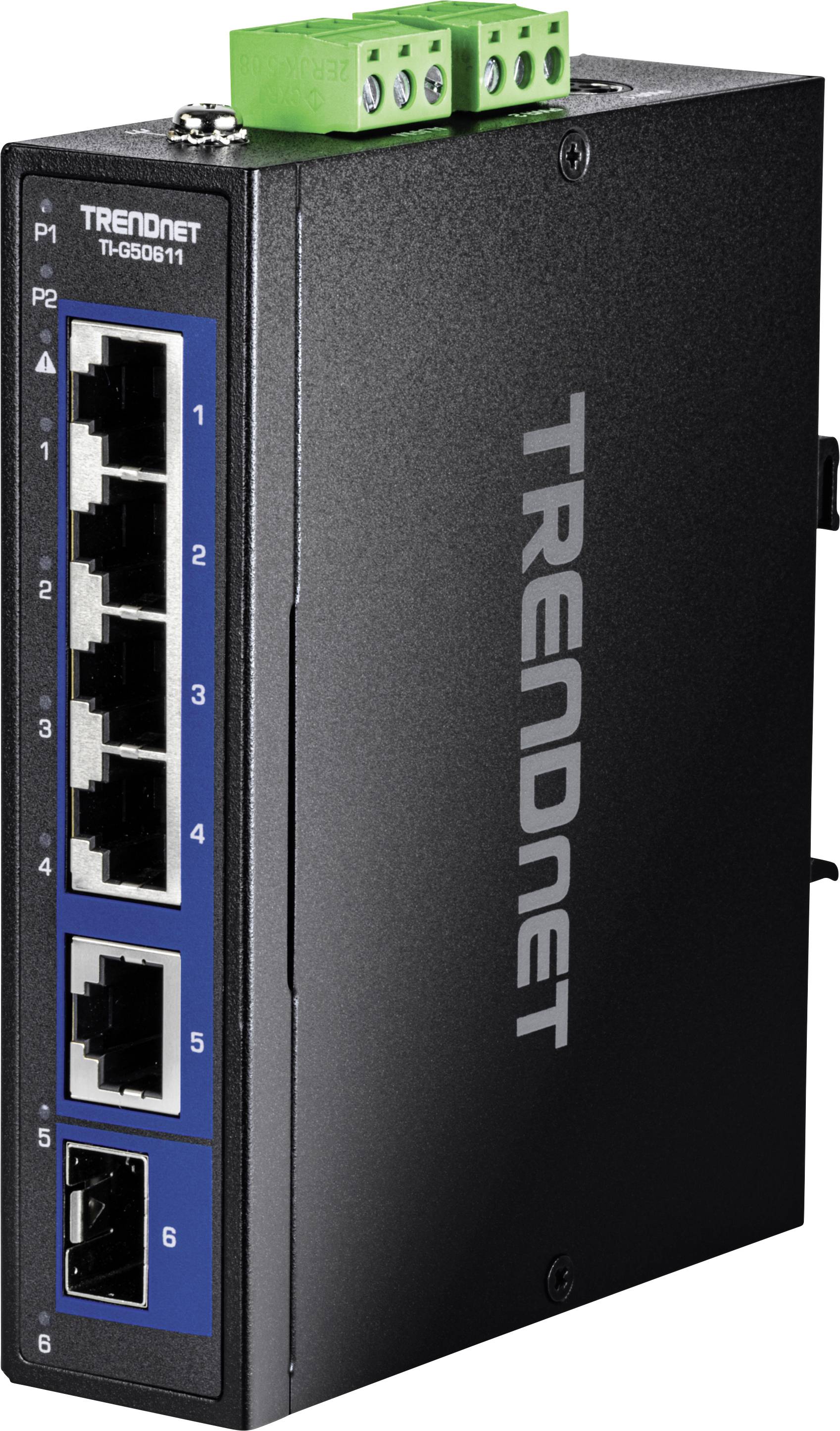 Een netwerk-switch met vier Ethernet-poorten en een voedingsingang, gelabeld als 'TRENDnet TI-G50-B11', ontworpen voor industriële omgevingen.