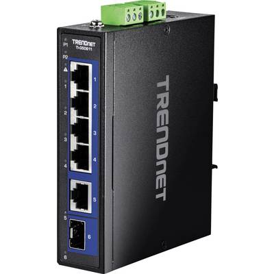 Een netwerk-switch met vier Ethernet-poorten en een voedingsingang, gelabeld als 'TRENDnet TI-G50-B11', ontworpen voor industriële omgevingen.