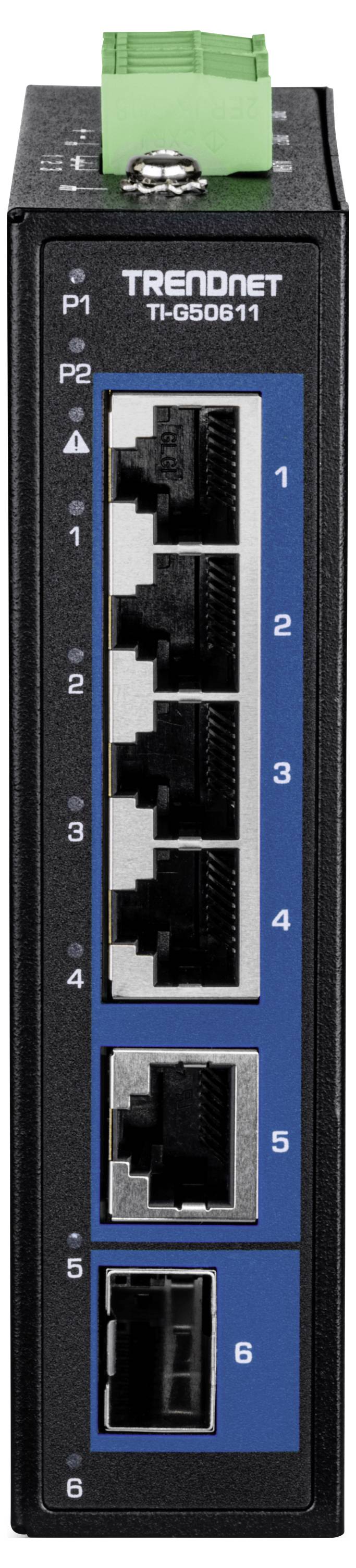 Close-up van een TRENDnet netwerk switch, model TI-IG60. Het apparaat beschikt over vier Ethernet-poorten en twee glasvezelpoorten voor netwerkconnectiviteit.