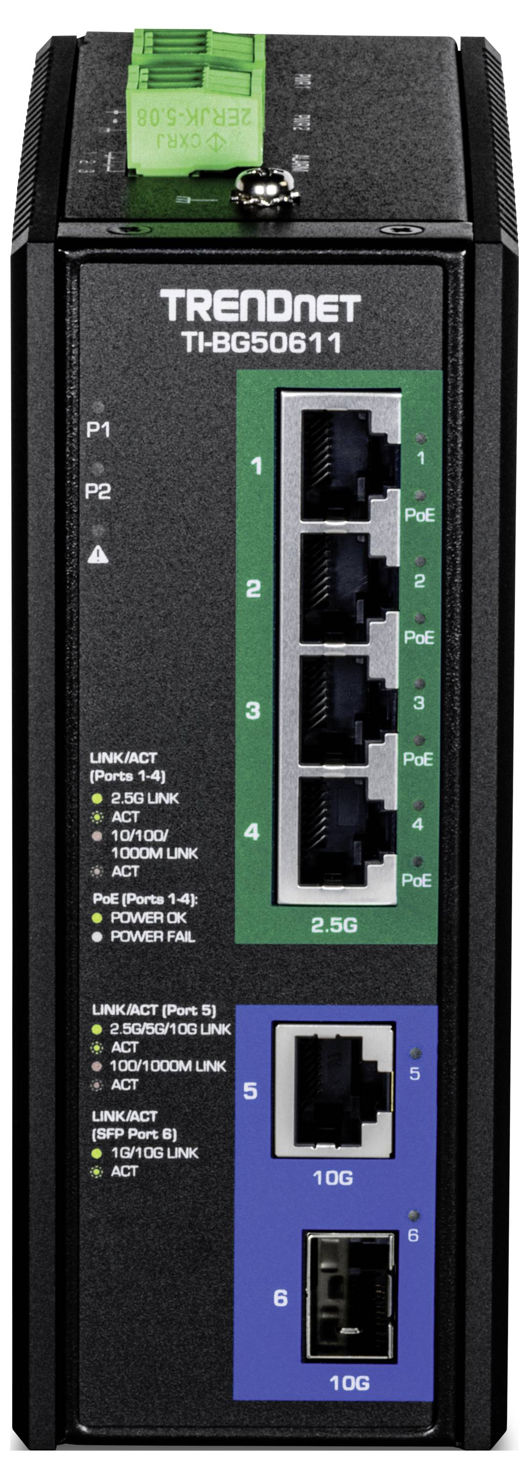 Netwerk-switch met zes poorten gelabeld P1-P6, waarbij P1-P4 PoE ondersteunen, model trendnet TI-BG6501I, met 2.5G en 10G aansluitingen.