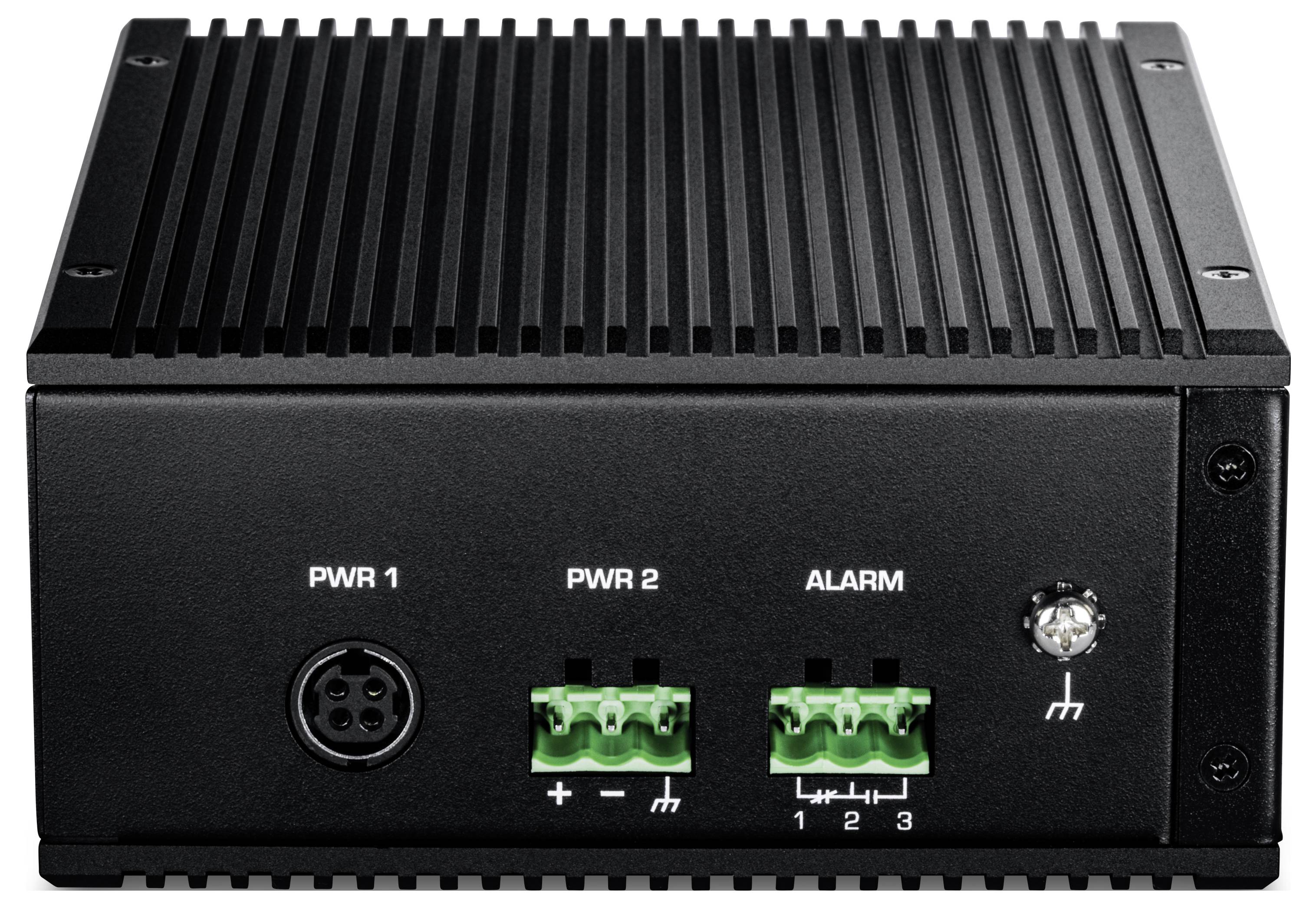 Een zwart elektronisch apparaat met een geribbelde bovenkant, voorzien van poorten met de labels 'PWR 1', 'PWR 2' en 'ALARM', met groene en zwarte aansluitingen.