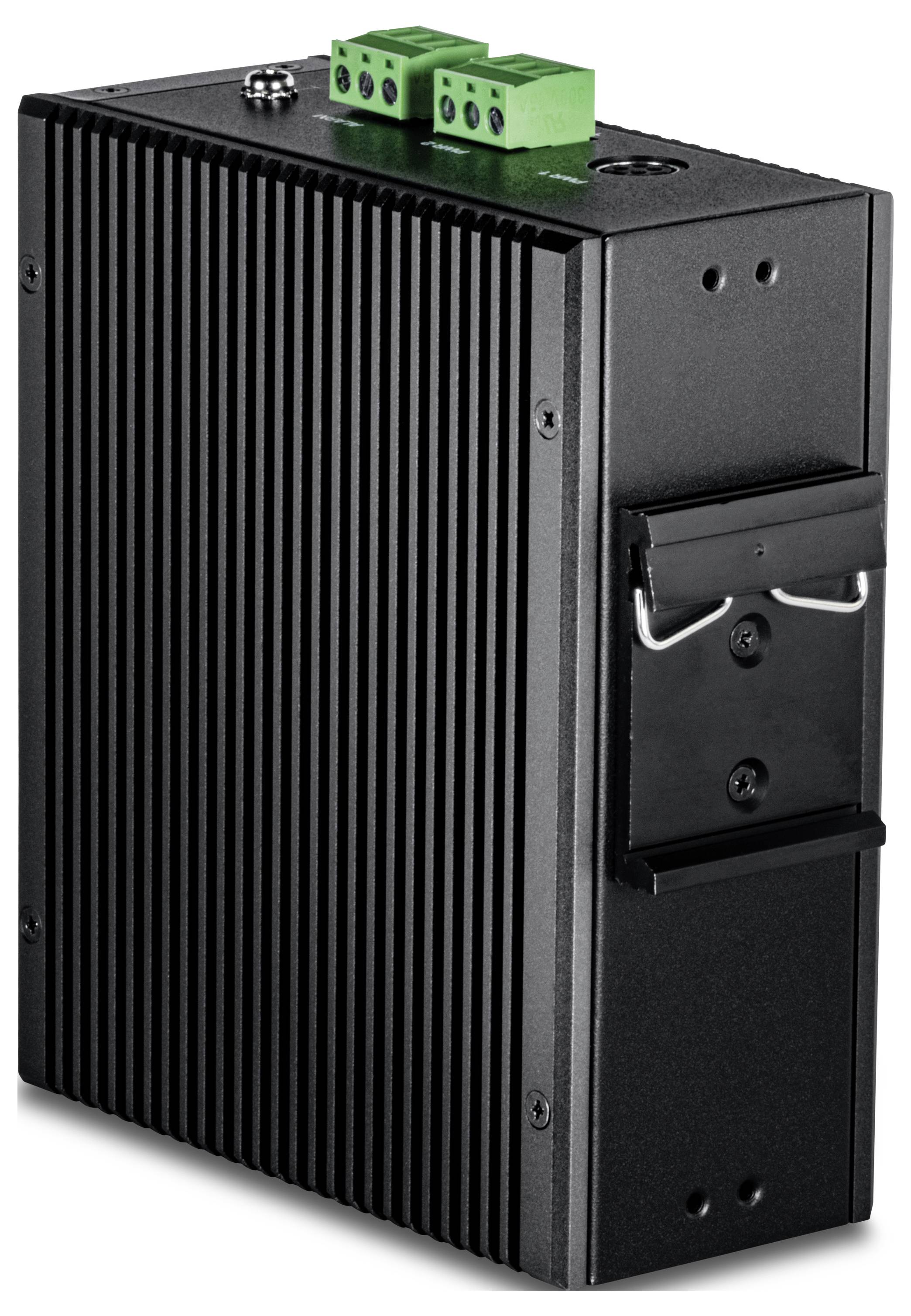 Een zwart industrieel elektronisch apparaat met verticale ribbels, voorzien van groene aansluitblokken aan de bovenkant, ontworpen voor montage op DIN-rail.