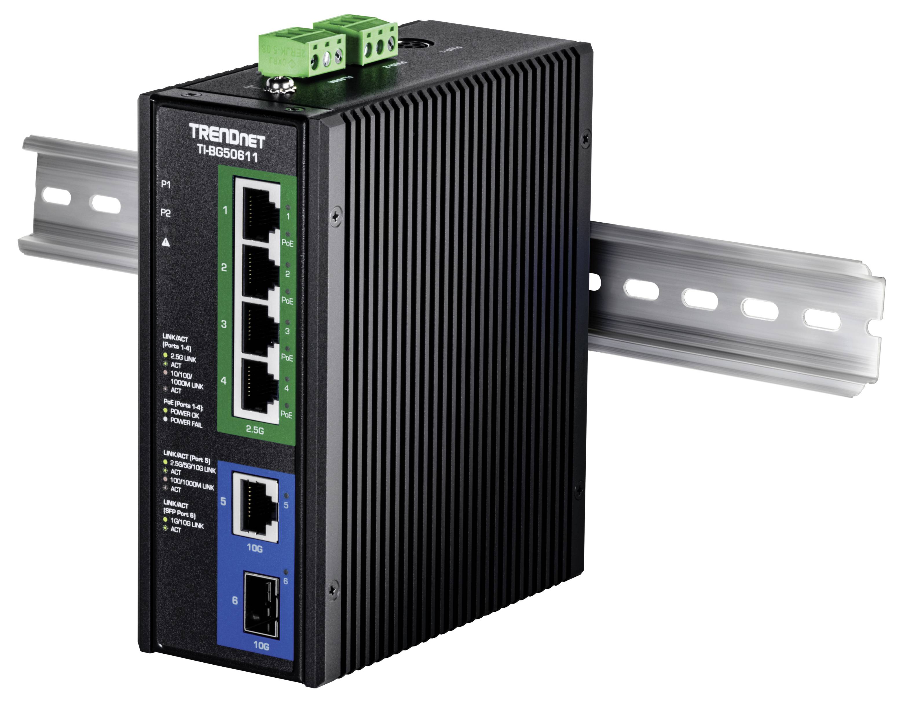 Een zwarte industriële Ethernet-switch gemonteerd op een metalen rail, voorzien van vijf netwerkpoorten en groene LED-indicatorlampjes.