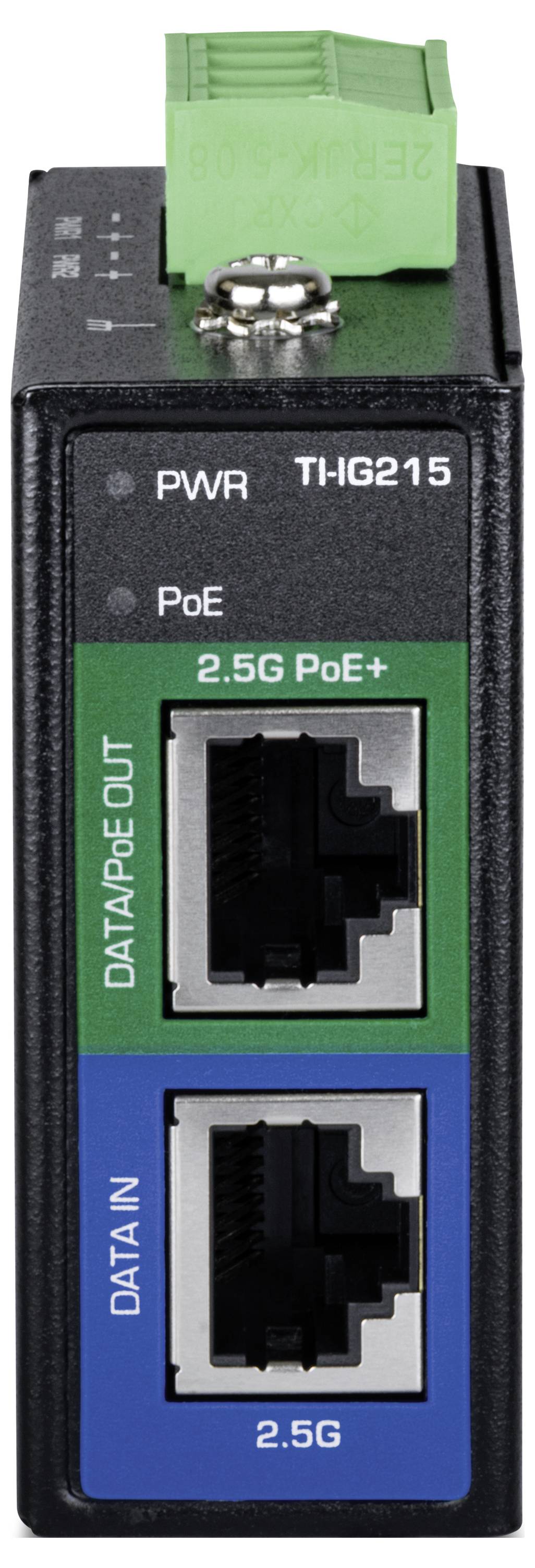Een zwarte en groene 2.5G PoE+ netwerk switch met twee Ethernet-poorten gemerkt als 'DATAPOE-OUT' en 'DATA IN'.