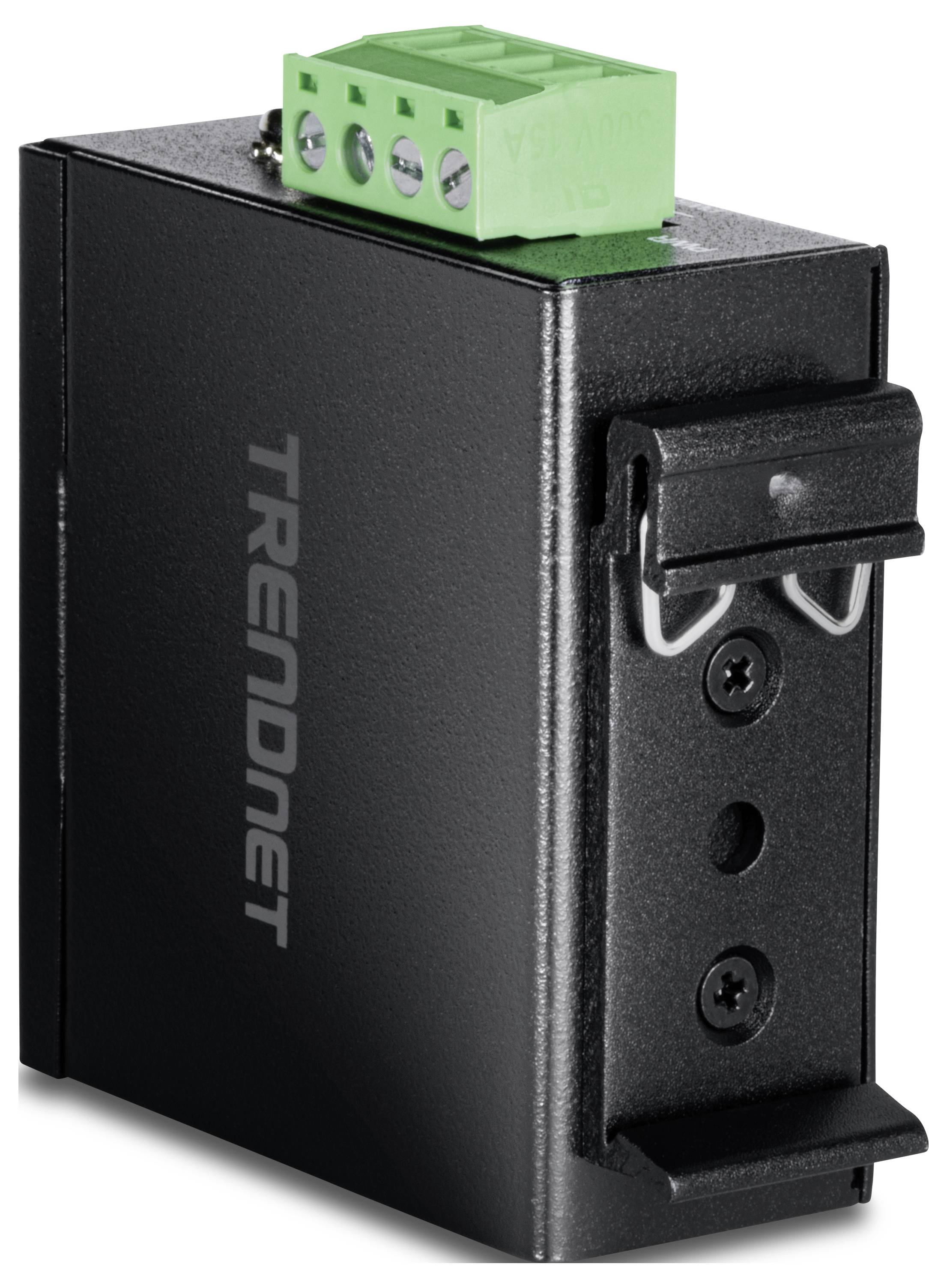 Industriële Ethernet-switch met 'TRENDnet'-branding, voorzien van een groene aansluitblok bovenop voor energie- of gegevensverbindingen.