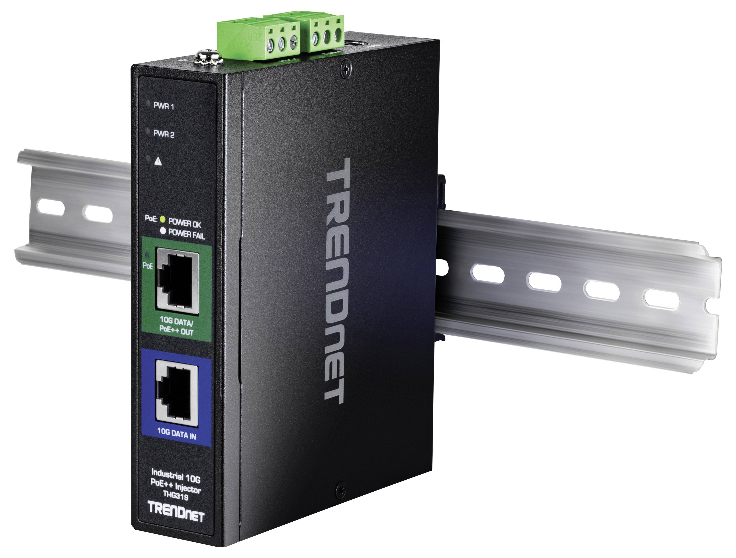 Een industriële Ethernet-switch gemonteerd op een DIN-rail, met twee netwerkpoorten en een voedingsaansluiting bovenop, gelabeld 'TRENDnet'.
