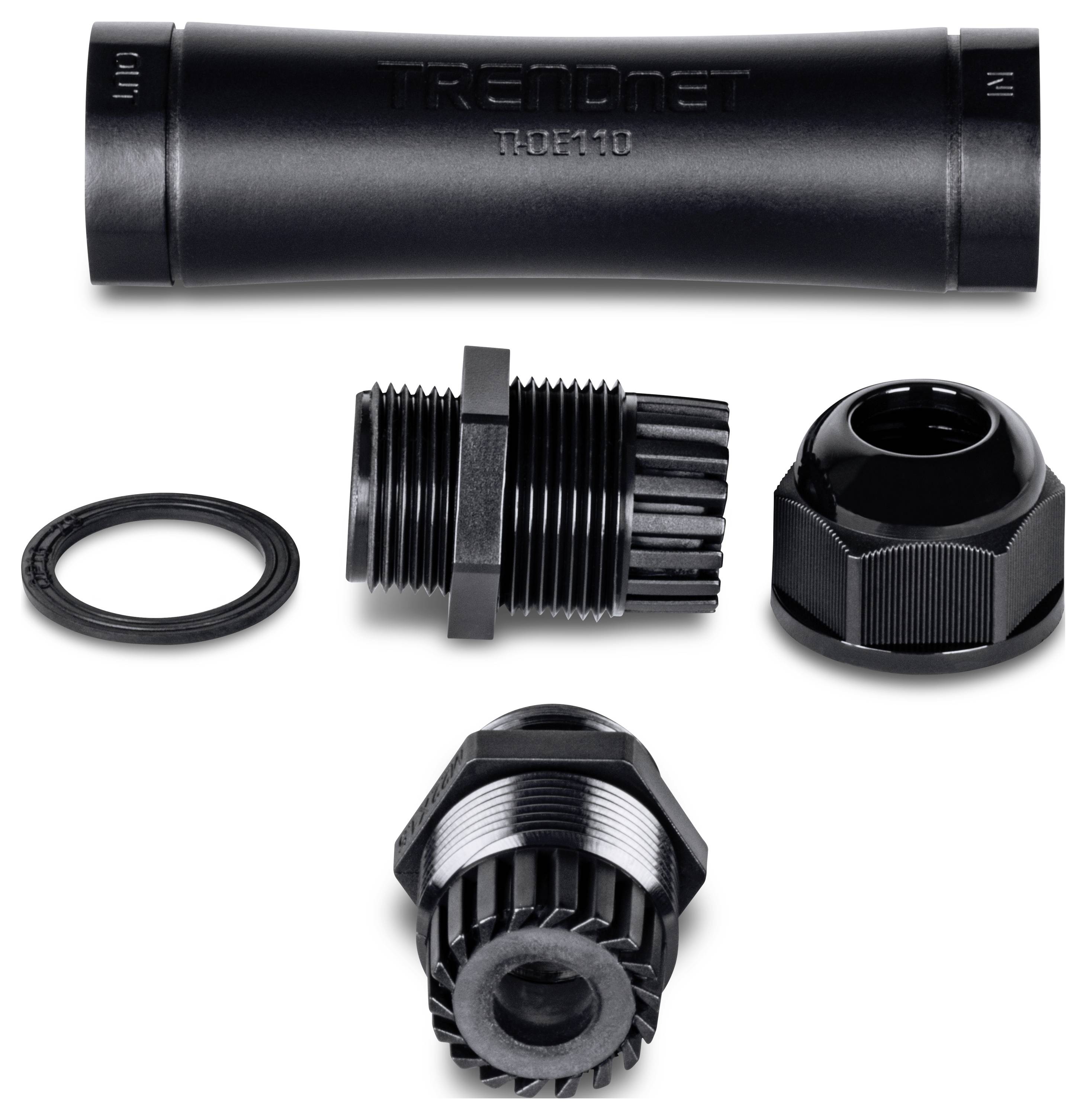 'TrendNet TFC-110' zwarte kunststof glasvezelkoppelingsset inclusief een cilindrische connector en diverse aansluitingen gerangschikt op een witte achtergrond.