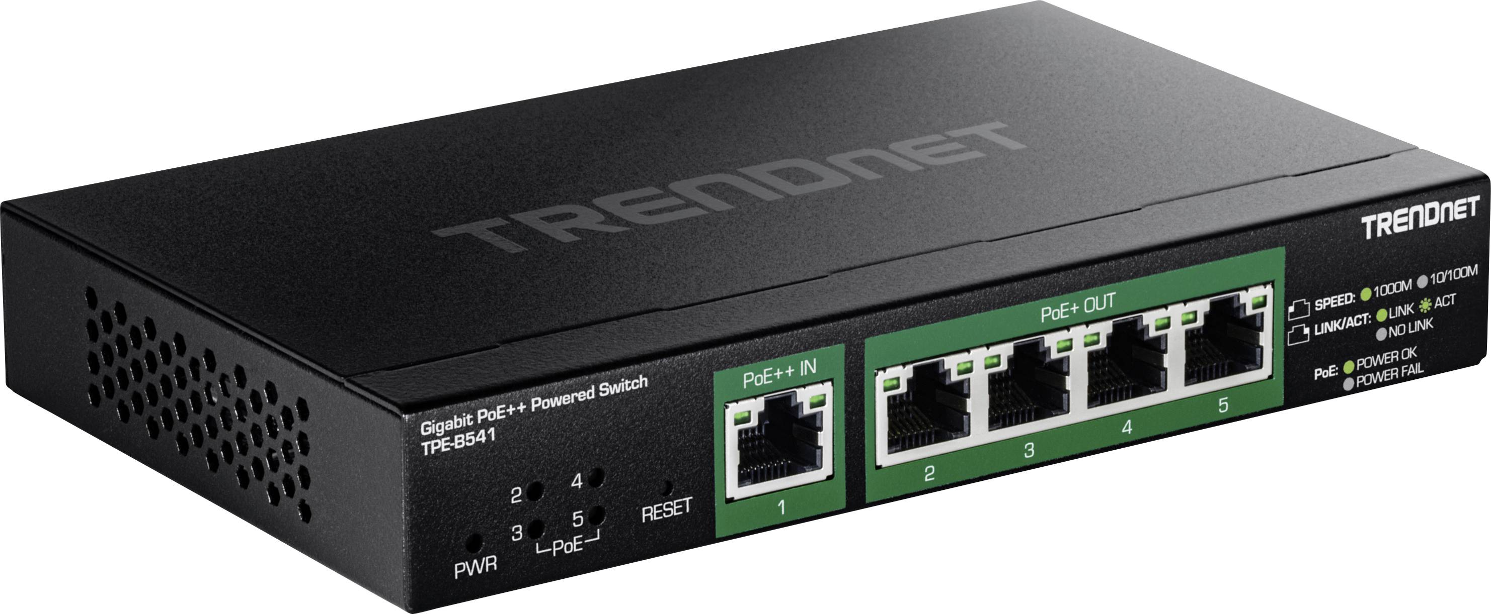 Zwarte TRENDnet PoE+ Ethernet-switch met 'TRENDnet'-logo, voorzien van vier poorten gemarkeerd als 'PoE OUT' en één poort gemarkeerd als 'PoE IN', ontworpen voor netwerkaansluitingen.