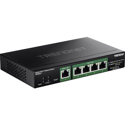 Zwarte TRENDnet PoE+ Ethernet-switch met 'TRENDnet'-logo, voorzien van vier poorten gemarkeerd als 'PoE OUT' en één poort gemarkeerd als 'PoE IN', ontworpen voor netwerkaansluitingen.