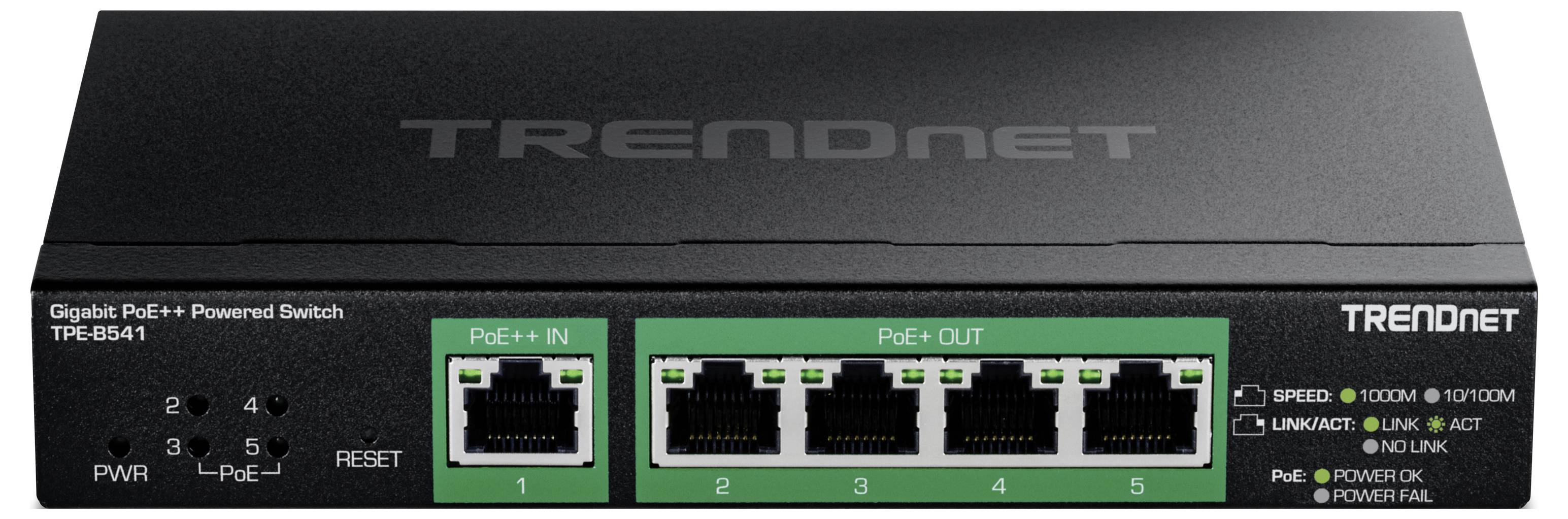 'TRENDnet Gigabit PoE+ Gevoed Switch TPE-BS41' is gelabeld, met vier Ethernetpoorten aan de voorkant, voorzien van PoE+ in- en uitgangsindicatoren.