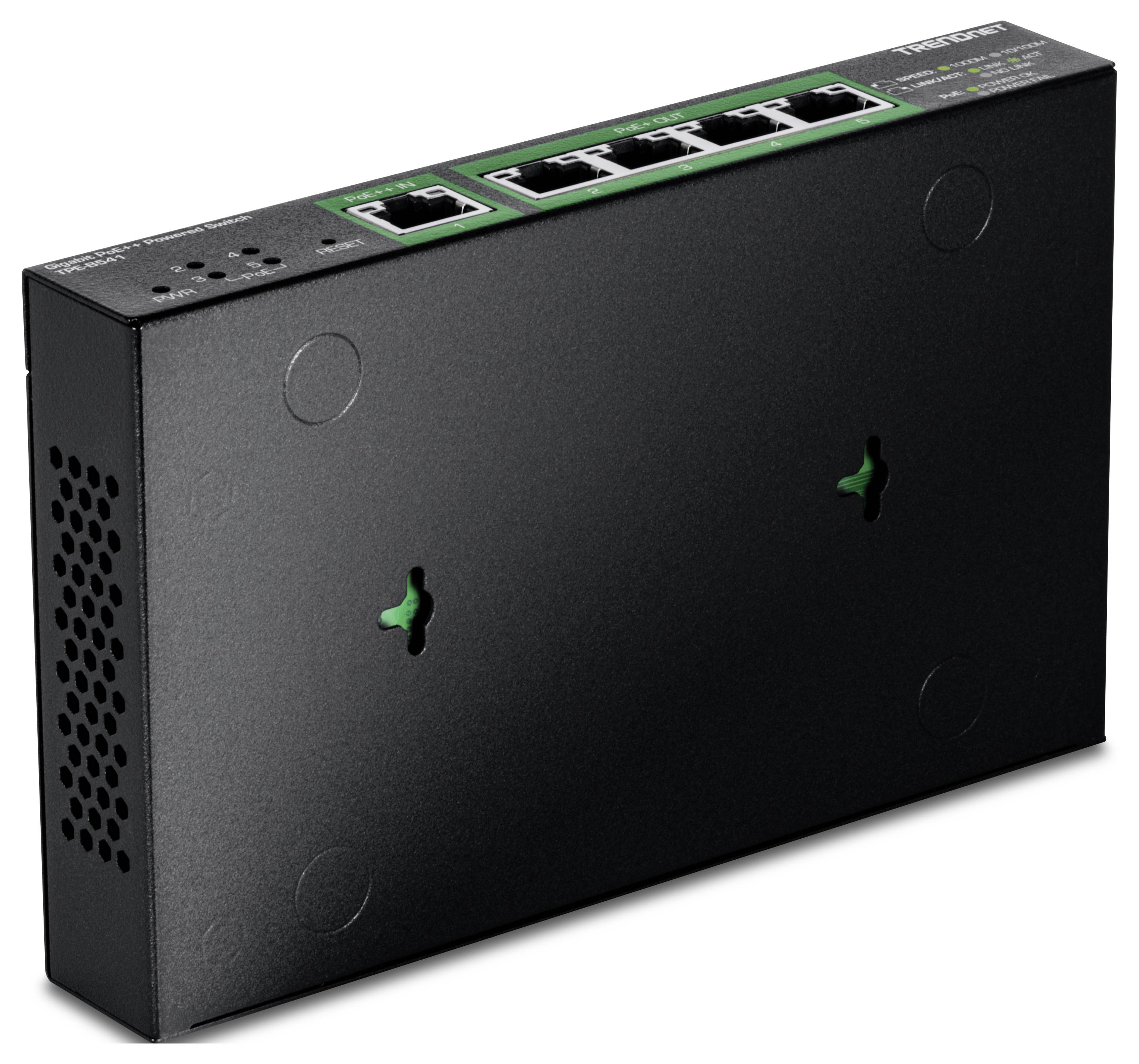 Een zwarte netwerk switch met vier Ethernet-poorten en LED-indicatoren op het bovenpaneel. Het apparaat beschikt over bevestigingsgaten voor wandmontage.