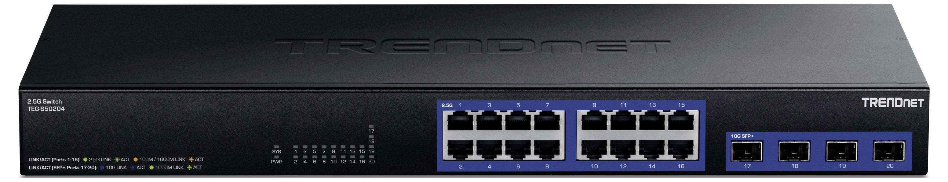 'Trendnet 16-poorts Gigabit PoE+ netwerk switch' vooraanzicht met LED-indicatoren, Ethernet-poorten en uplink-poorten op een zwart apparaat.