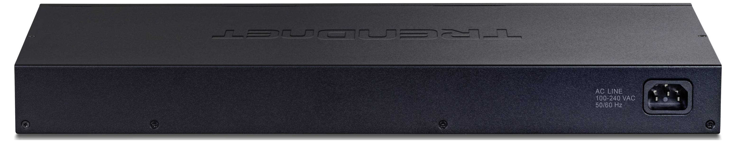 De afbeelding toont de achterzijde van een zwarte audio-apparatuur-unit die kan worden gemonteerd in een rack, met een voedingsingang voorzien van het label 'AC LINE 100-240V, 50/60Hz'.