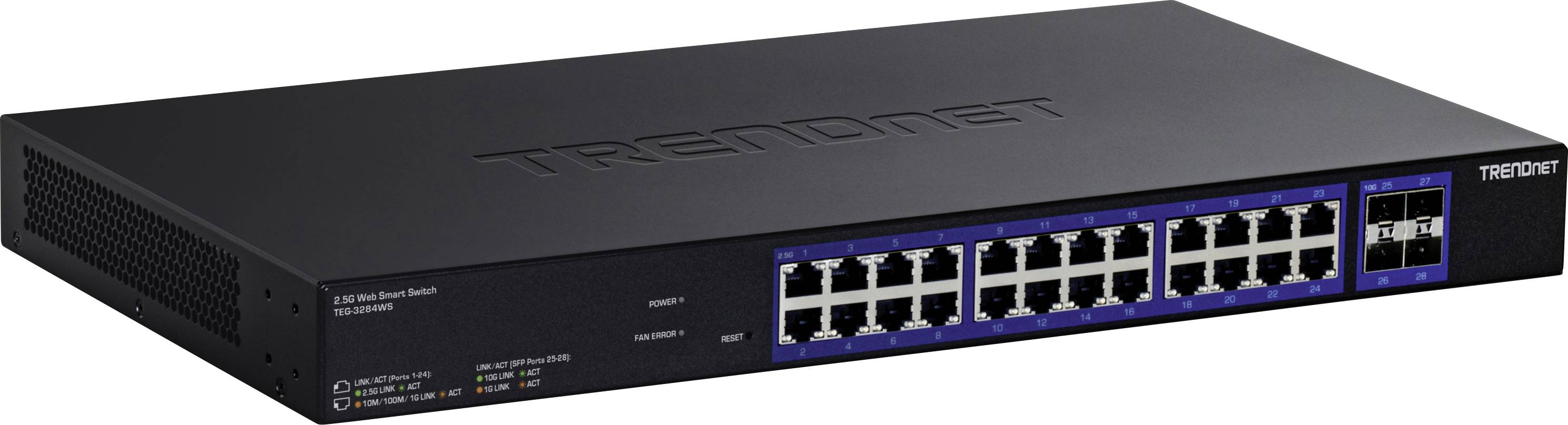 Een zwarte TRENDnet-netwerk switch met 24 Ethernet-poorten en 2 uplink-poorten op het voorpaneel, gebruikt voor het verbinden van meerdere apparaten in een netwerk.