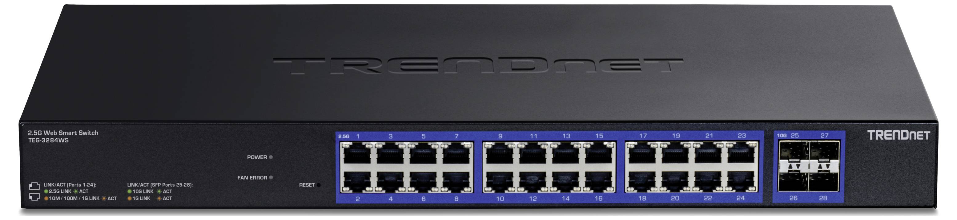 Netwerk switch met 24 Ethernet-poorten en TRENDnet-logo bovenop.