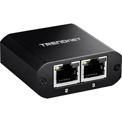 Een kleine zwarte TRENDnet Ethernet-splitter met twee gemarkeerde poorten genummerd 2 en 3; groene indicatorlampjes tonen de verbindingsstatus.