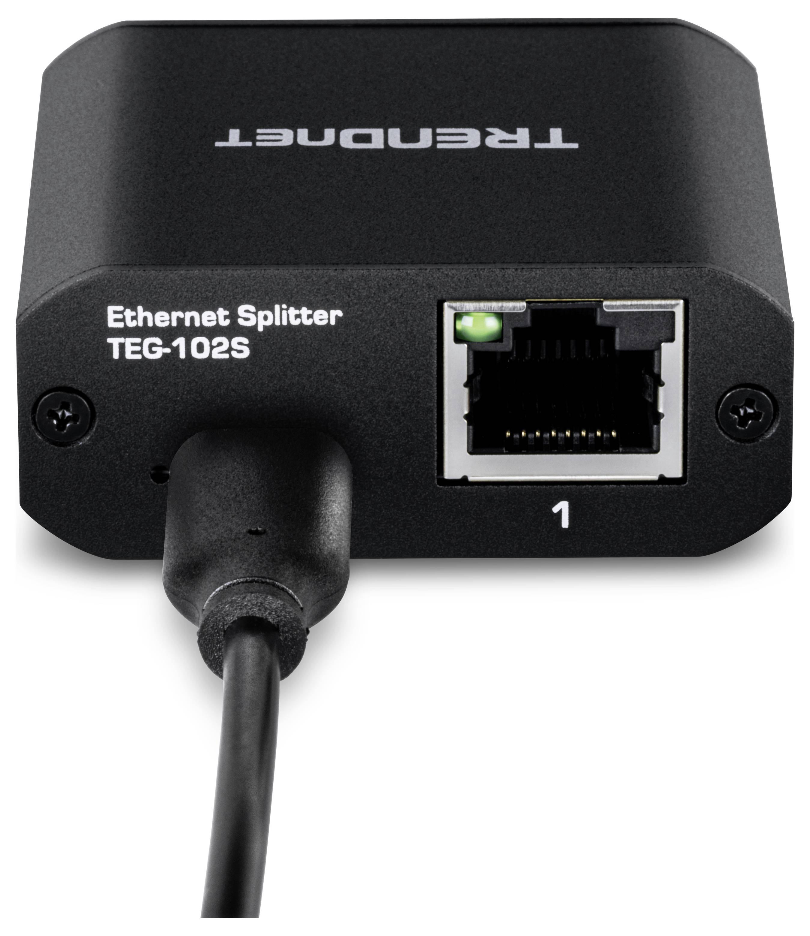 Vooraanzicht van een TRENDnet Ethernet-splitter model TEG-102S, met de Ethernet-poort gelabeld '1' en een aangesloten kabel.