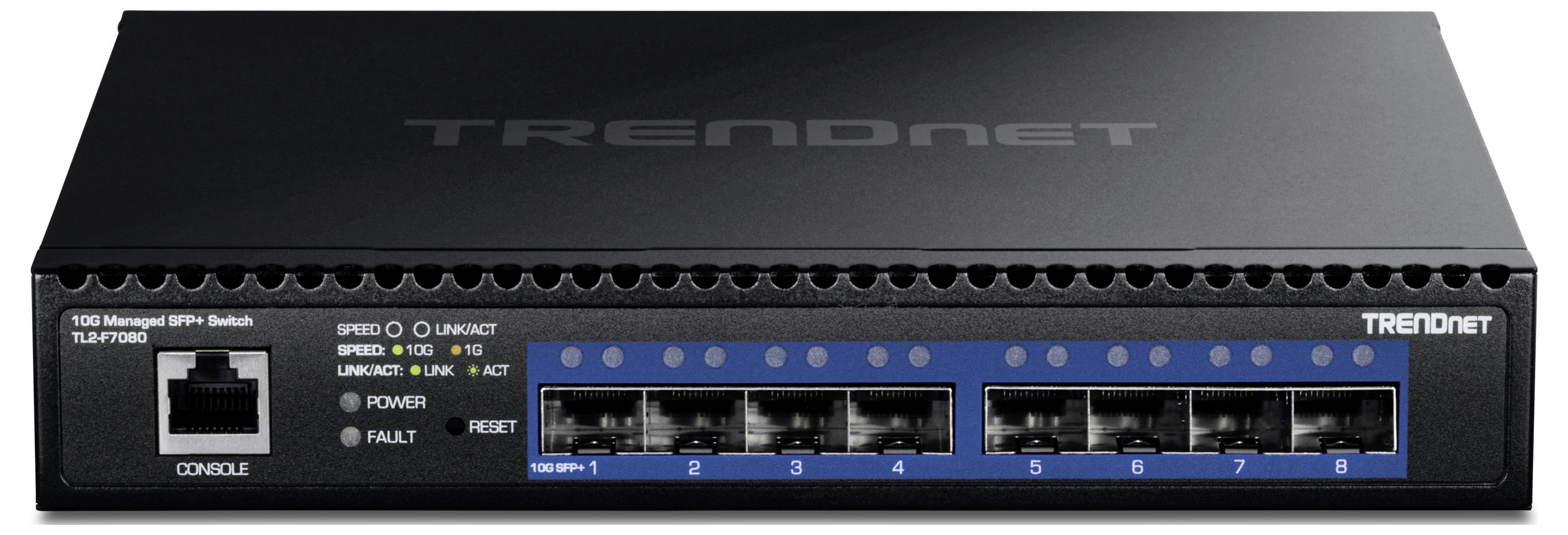 Een TRENDnet netwerk switch met 8 Ethernet-poorten en indicatorlampjes, gebruikt voor het beheren van netwerkverbindingen in een lokaal netwerk.