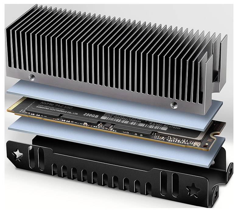 Ontplofte weergave van een solid-state drive (SSD) met componenten waaronder een warmteafleider, thermische pads en de behuizing van de drive, waarbij de interne structuur wordt getoond.