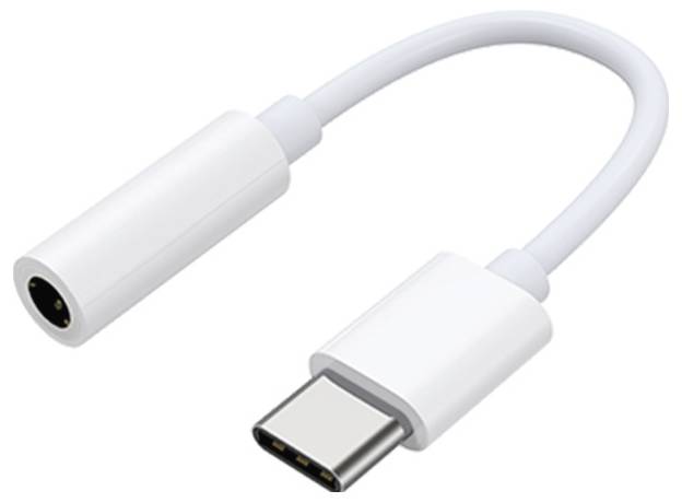 Een witte USB-C naar 3,5mm audio adapterkabel voor het aansluiten van hoofdtelefoons op apparaten zonder een hoofdtelefoonaansluiting.