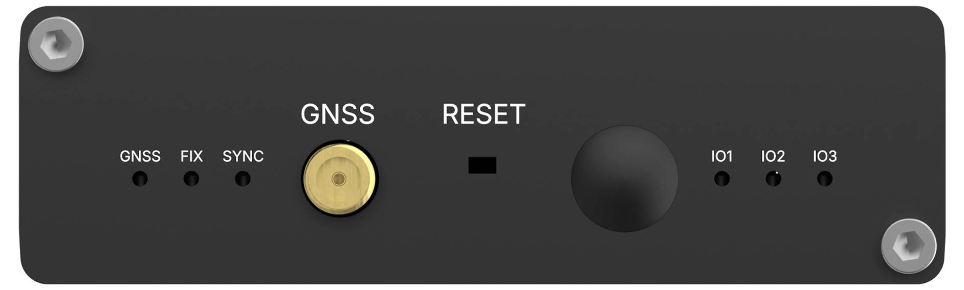 Een zwart apparaatpaneel met een GNSS-antenne-aansluiting, een resetknop, en indicatoren voor GNSS, FIX, SYNC, IO1, IO2 en IO3.