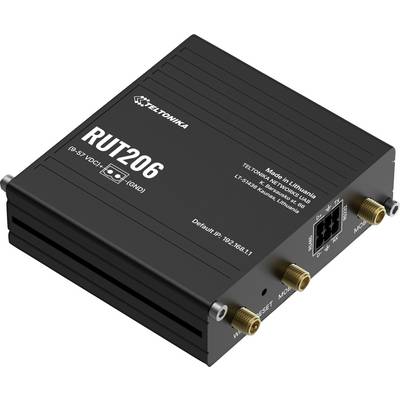 Een zwarte Teltonika RUT206 router met poorten aan de zijkant. Hij werkt op 9-57 VDC en heeft een standaard IP-adres van 192.168.1.1.
