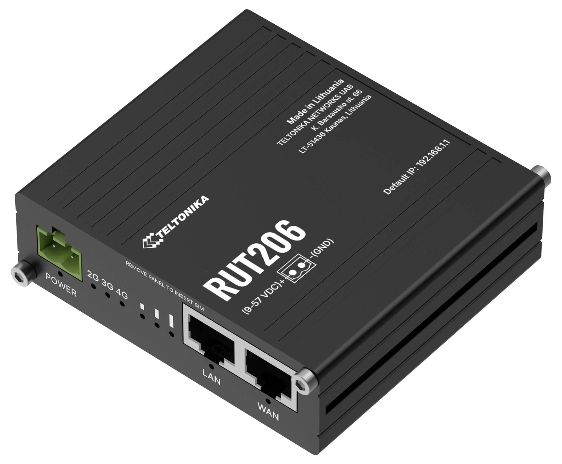 Een compacte zwarte Teltonika RUT206-router met meerdere poorten, indicatoren voor voeding en data, en het logo en modeldetails op zijn oppervlak.